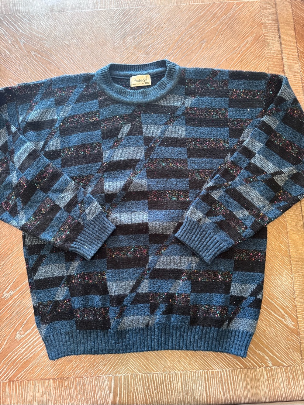 Vintage Men's Blue and Black Patterned Crewneck Sweater made in the USA